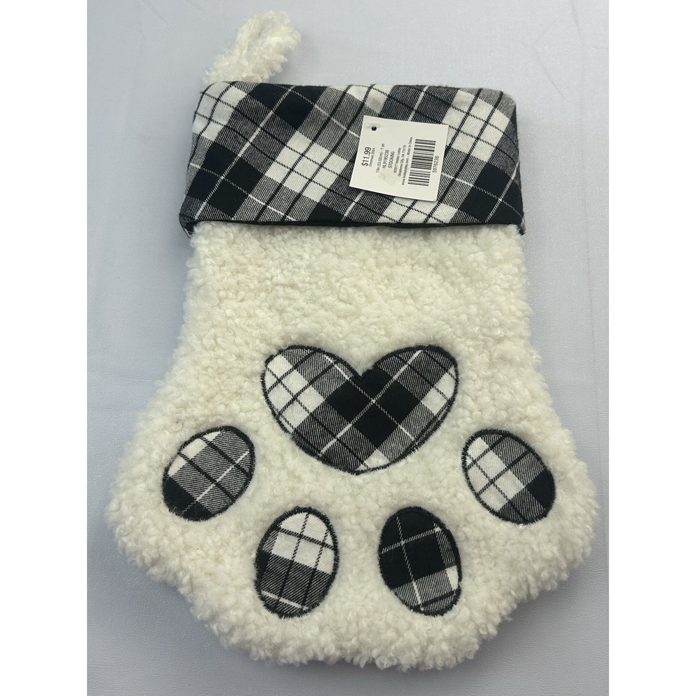 Hobby Lobby Christmas Stocking Sherpa Plaid Paw Print Pet Dog Cat 13"